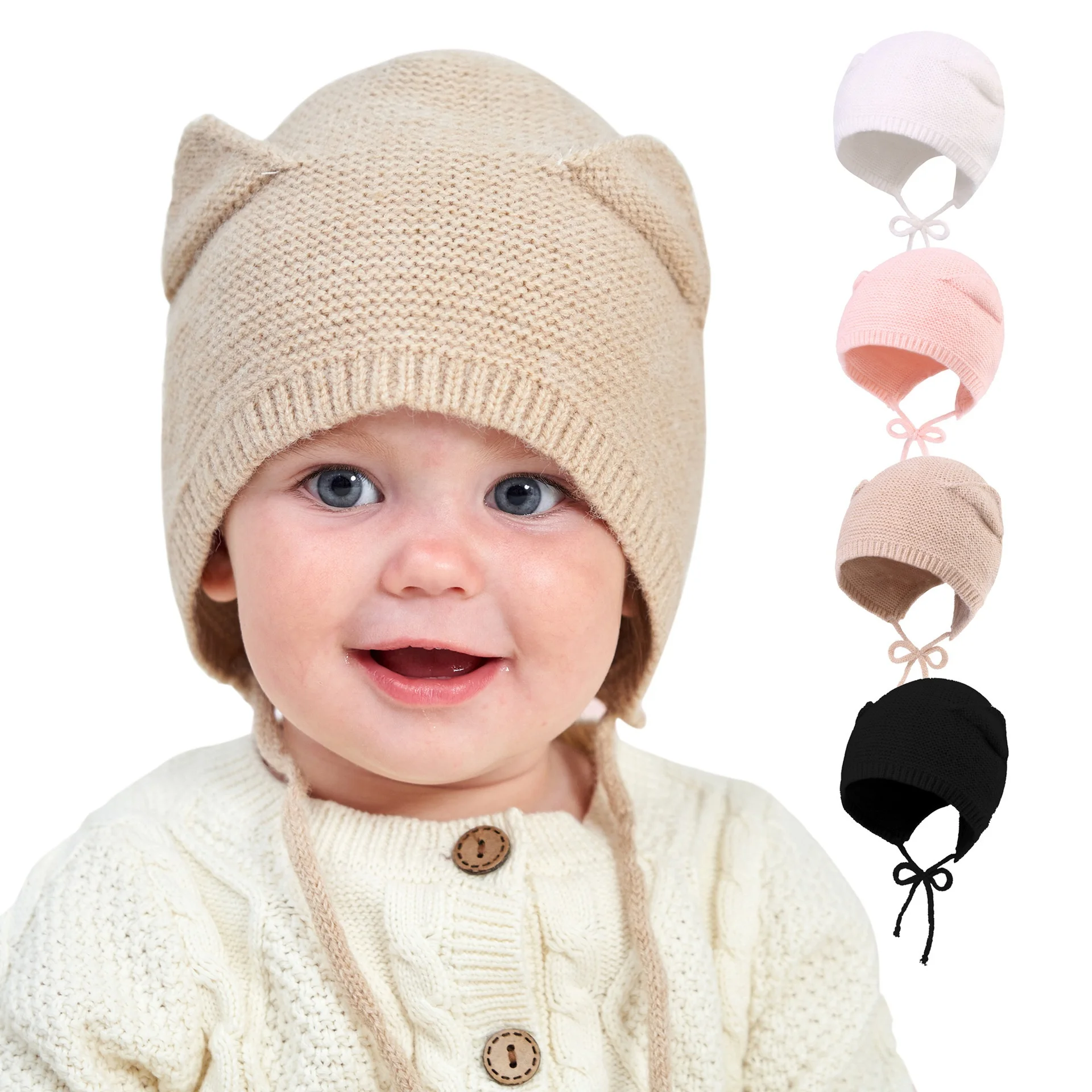 Plain Knitted Baby Cartoon Cat Braid Ear Protection Warm Winter Beanie Hat