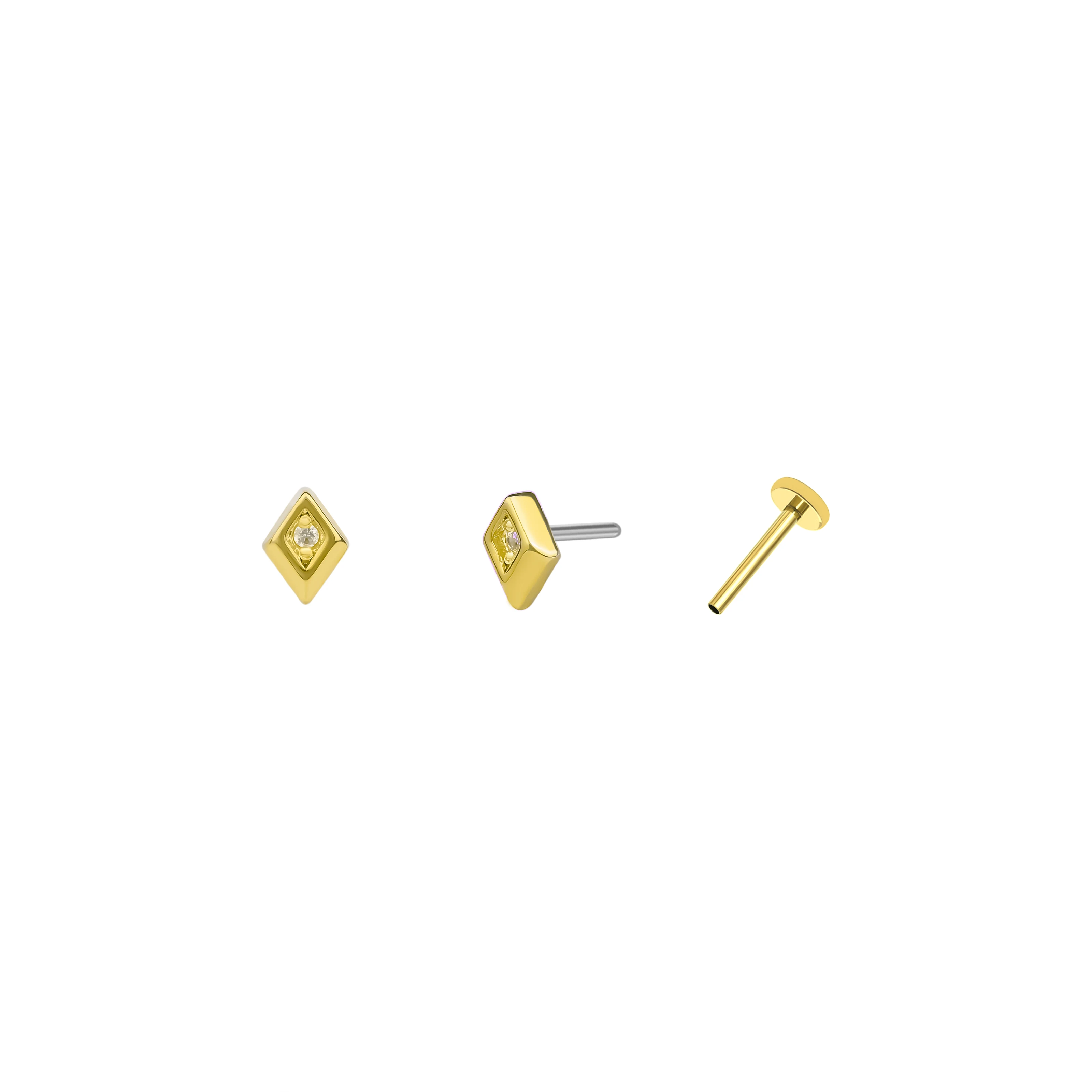 Rhombus Shape Gold Plated Sterling Silver Flat Back Stud Earring Zircon Ston G23 Titanium Post Ear Push in & Plug Piercing