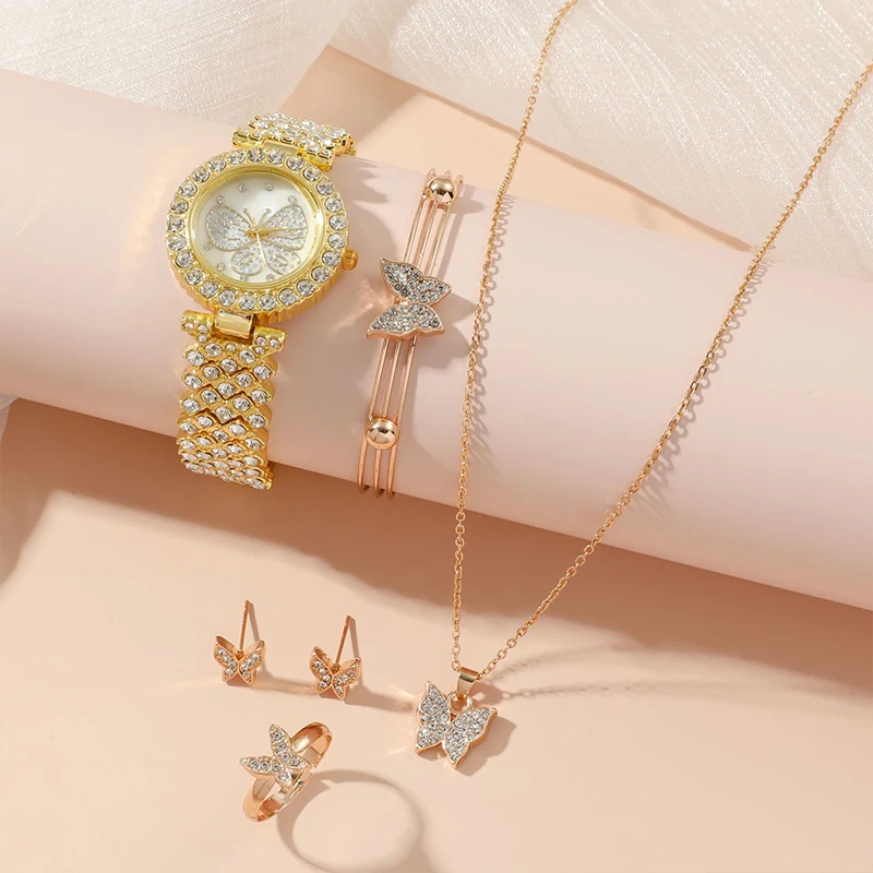 Fancy Ice Out Shiny Diamond Butterflies Ring Earrings Necklace Bracelet Watch Gift Set For Women