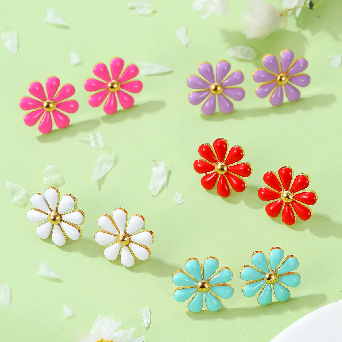 fashion daisy bracelets cuff hoop stud earrings INS hot sale titanium steel non tarnish colorful enamel jewelry sets gift women