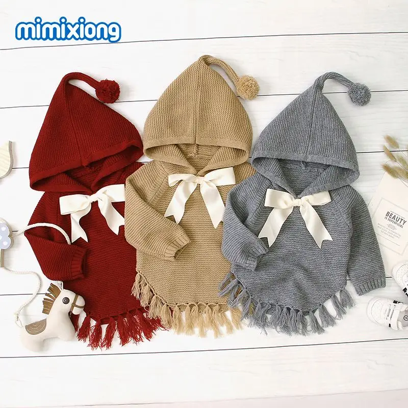 
2020 Children Little Girls Boutique Clothing New Design Girls Knit Hooded Long Sleeve Sweater with Bow 2 Year 