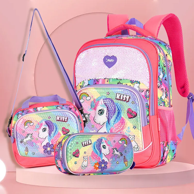 2022 Cross border deer cartoon children students backpack three sets color unicorn primary school bag manufacturers wholesale