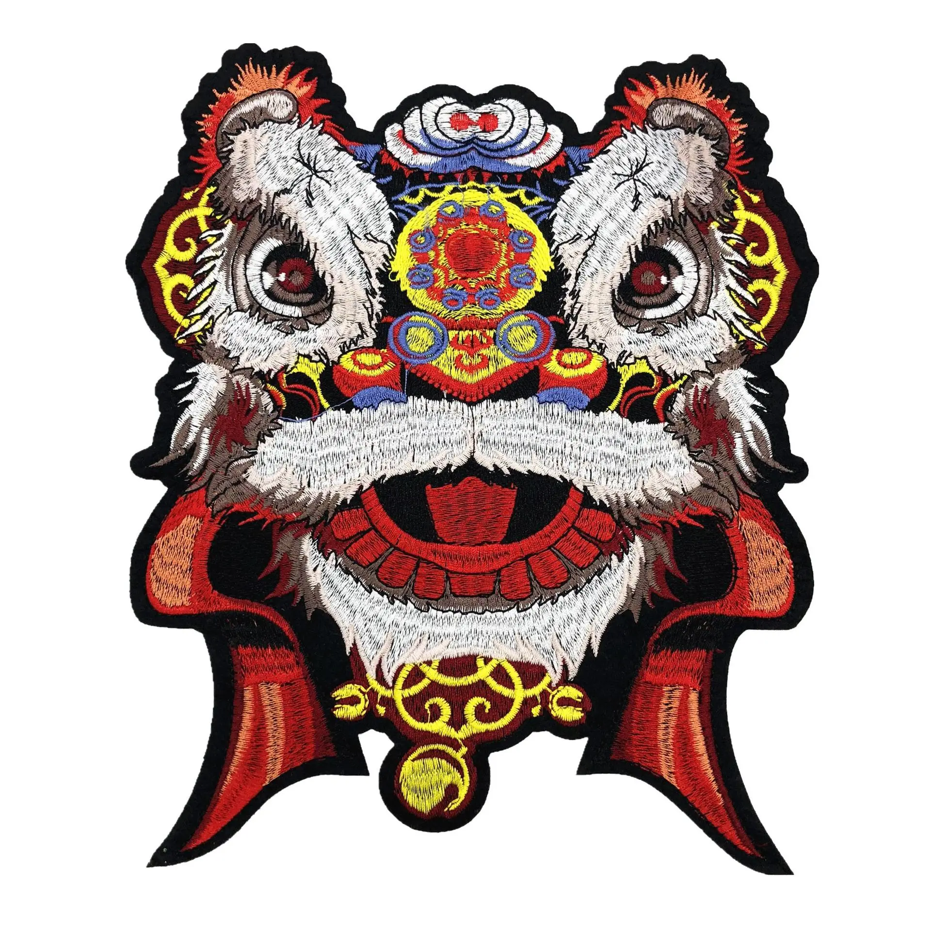 Chinese traditional style patches custom dancing lion head accessories embroidery patch iron on