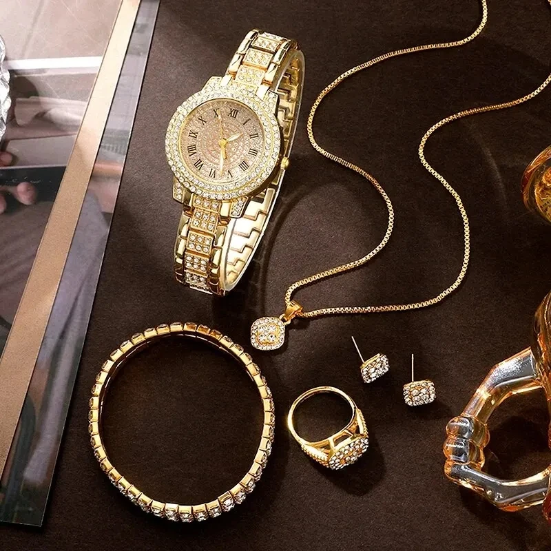 5pcs Set Golden Watch Women Ring Necklace Earrings Rhinestone Fashion Wristwatch Female Casual Ladies Watches Bracelet Set