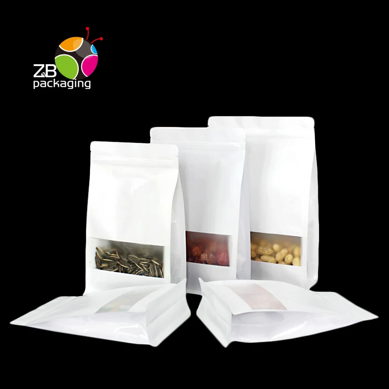 Popular square window no printing logo plastic flat bottom stand up white kraft paper zipper bag without valve
