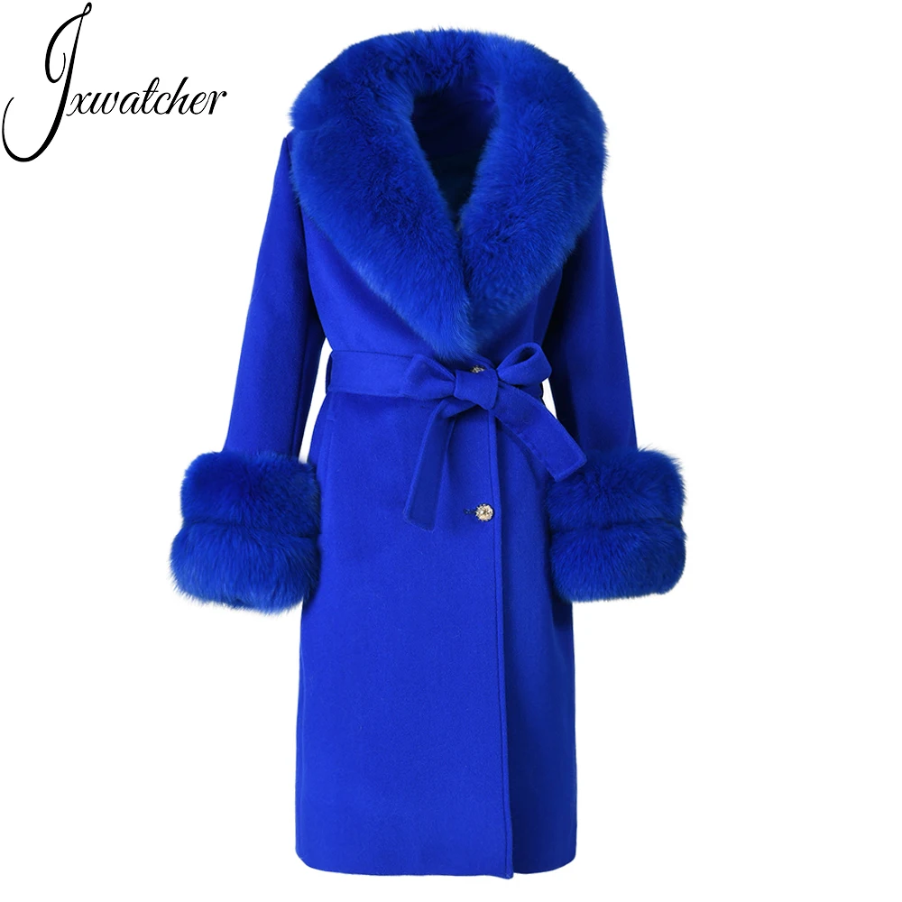 Wholesale Elegant Wool Cashmere Coat Long Luxury Big Fox Fur Collar Cuffs Women Double Face Winter Cashmere Wool Coat Belt