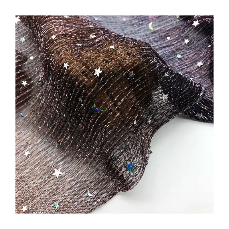 Customized gradient print and bright punching knitted light weight pleat polyester metallic mesh fabric for party wedding dress