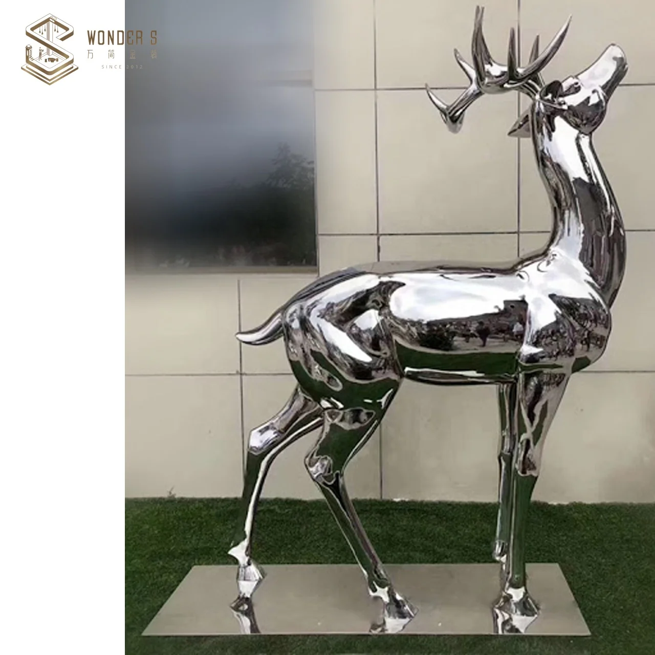 Garden and indoor decor metal animal abstract sculptures mirrored stainless steel deer statues