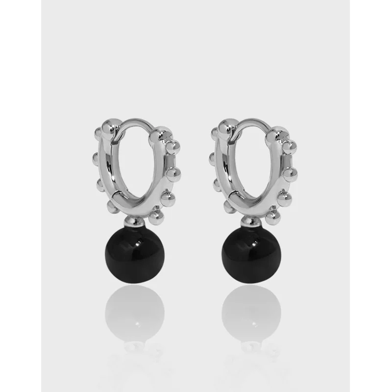 Geometric Round Drop Earrings Silver 925 Luxury White Pearl Earrings Cool Black Agate Gemstones Earrings Women