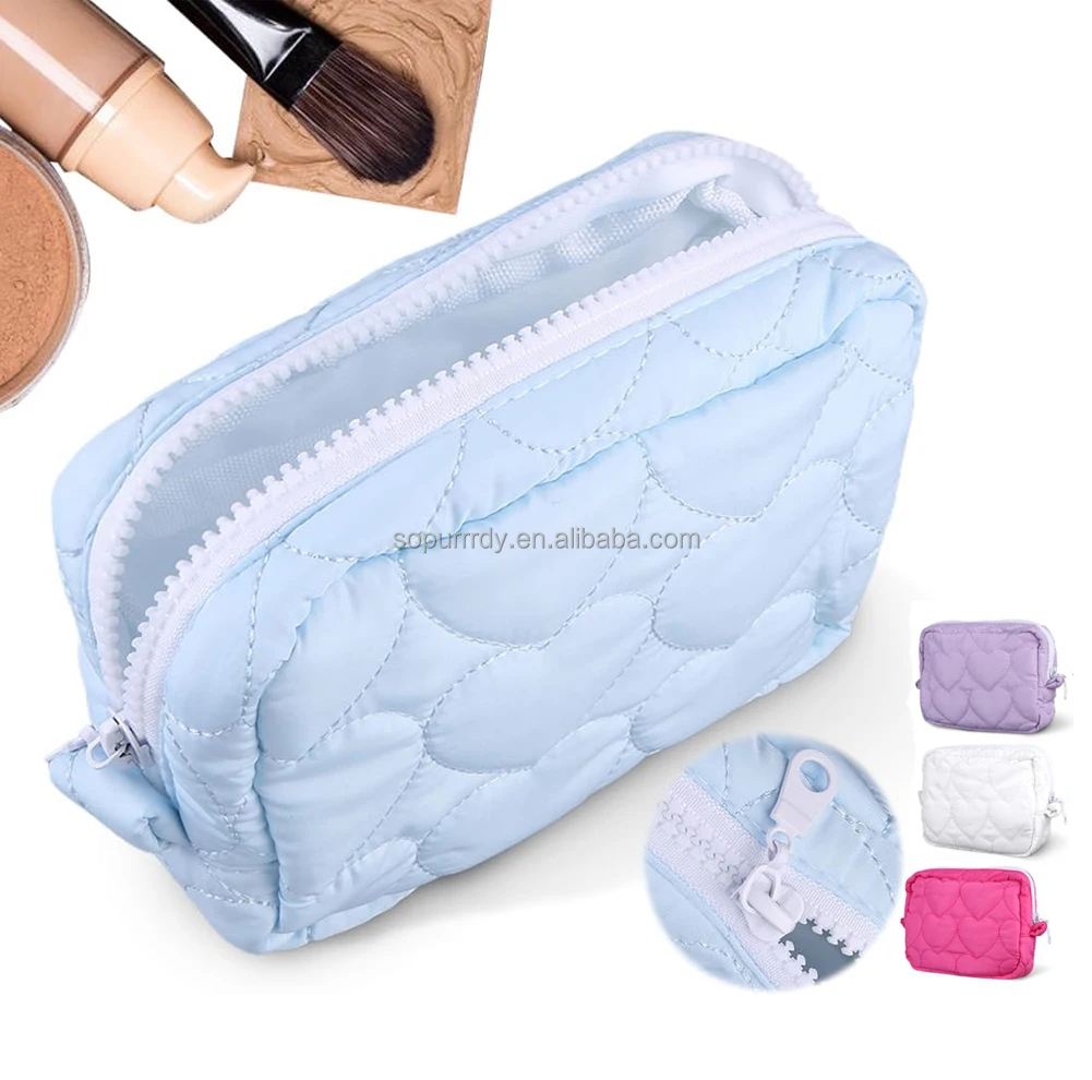 Custom Logo Label Women Makeup Bag Cosmetic Bag Heart Pattern Quilted Travel Toiletry Bag Skincare Capacity Cosmetics Pouch