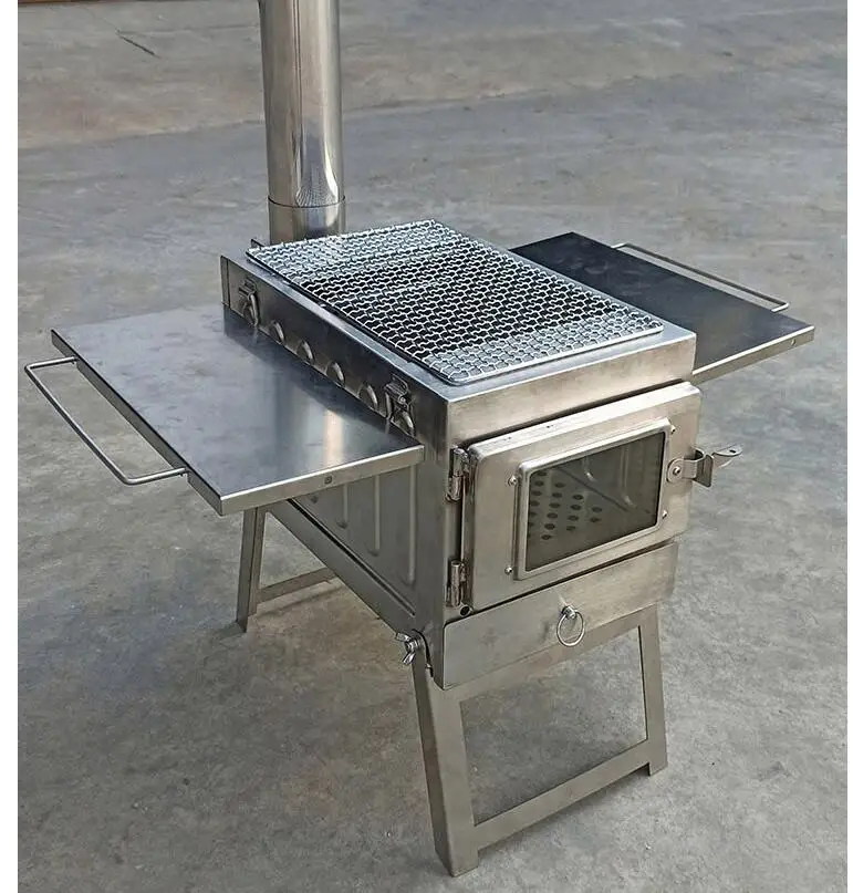 stainless steel  firewood stove with insulated glass and outdoor camping biomass stoves with BBQ gril