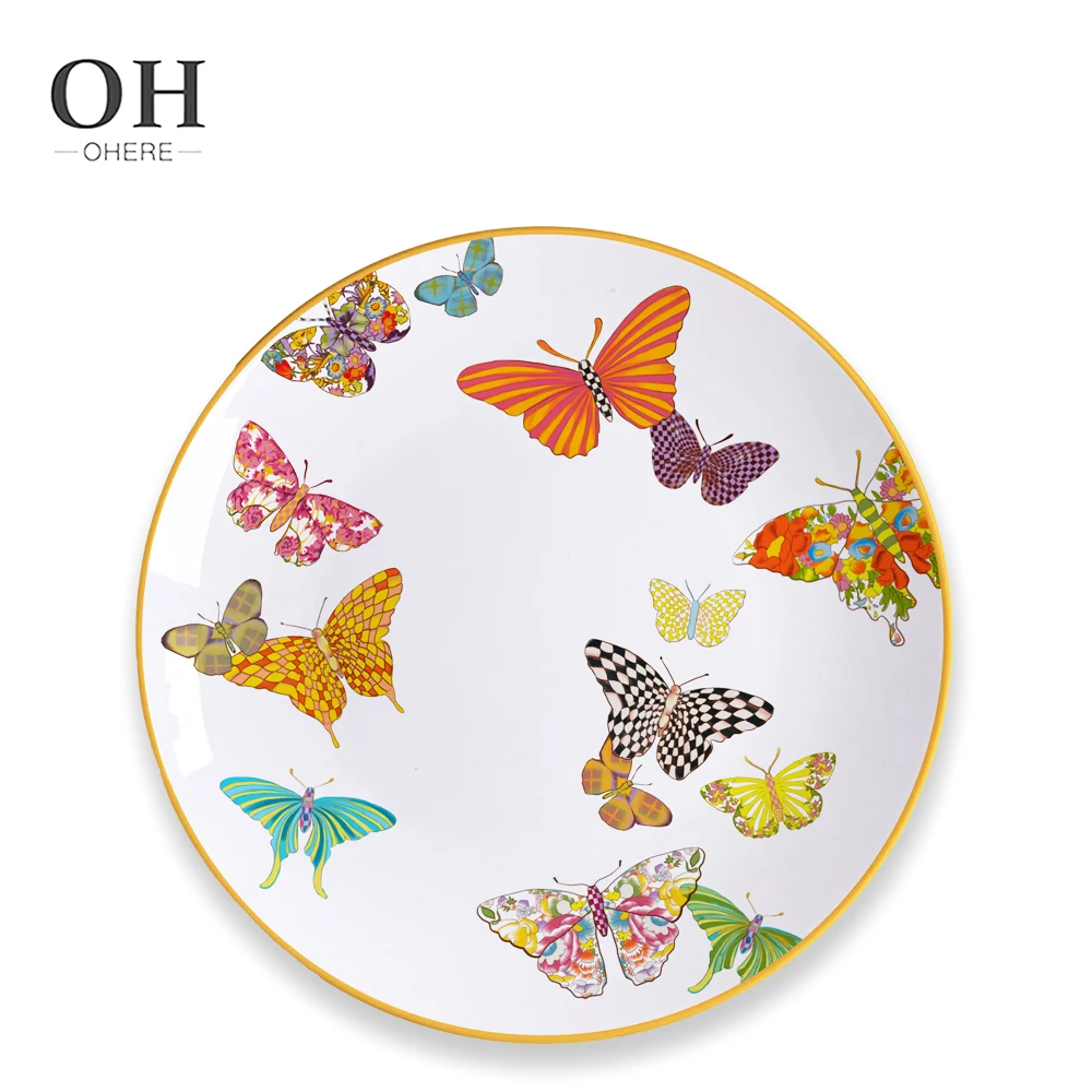 Colorful butterfly Ceramic Dish Gold Rim Ceramic Dinner Plate Set Bone China Charger Plate for Party Rent  Wedding Plates