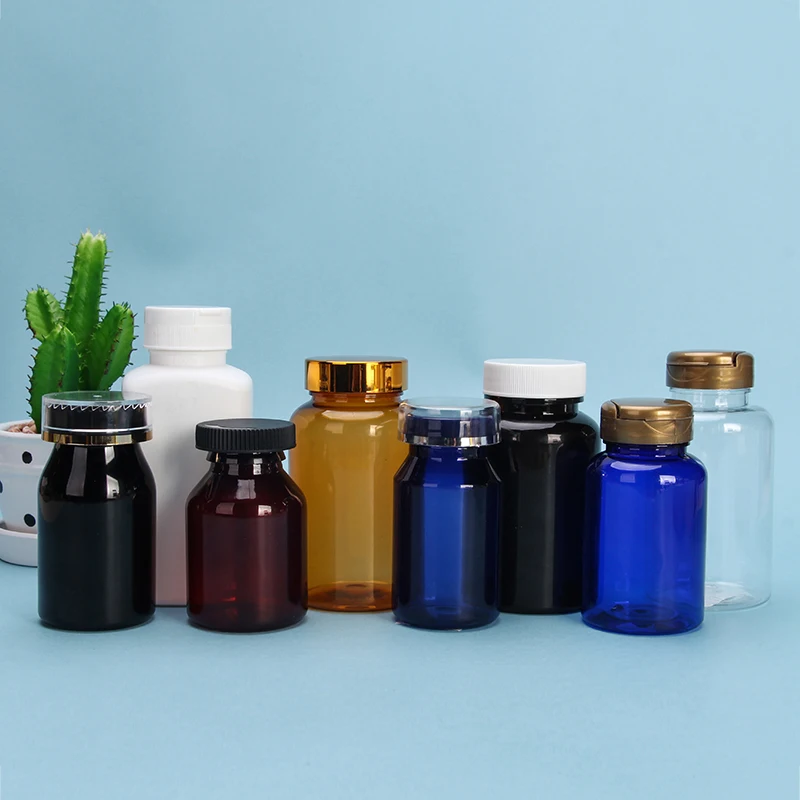 Hot luxury red green orange amber brown clear biodegradable pharmaceutical medicine bottle for pill capsule with child proof cap