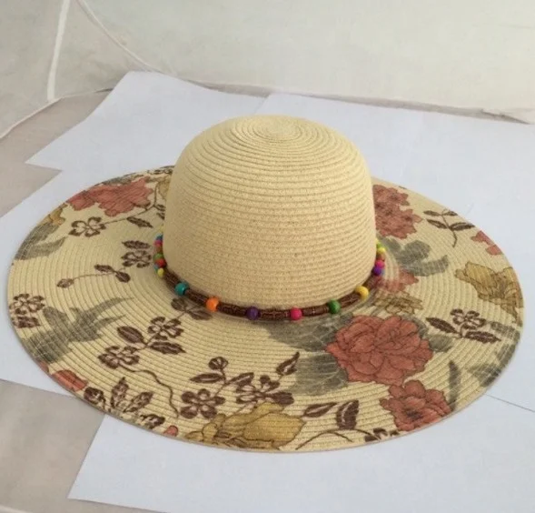 Women Paper Straw Floral Printed Floppy Beads Chain Decoration Capeline Hat