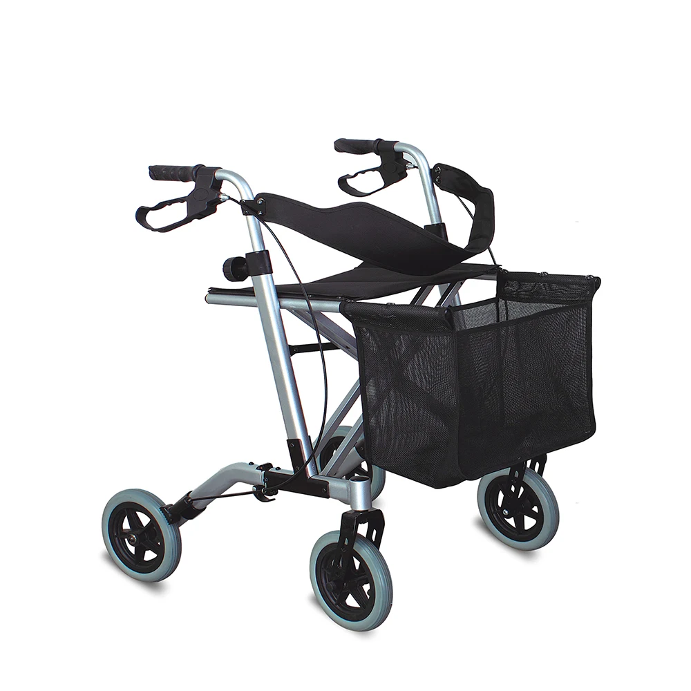 Disabled Elderly 4 Wheel Aluminum Foldable Shopping  Rollator Walker with Seat and Shopping Bag