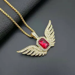 Hip Hop Mens Gold Plated Gemstone Jewelry Wholesale Big Rectangle Crystal Stone Angel Wing Necklace Pendant