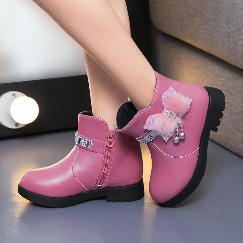 Children girls medium tube warm PU leather boots baby bow cute cotton shoes plush winter new style school Raw two cotton boots