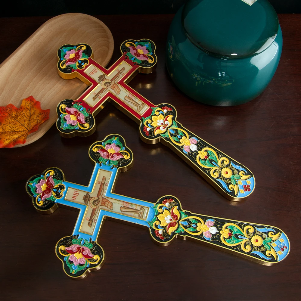 New Design Orthodox Cross Gold Plated Jesus Icon Crucifix Colored Flower Enamel Decor Bishop Handheld Cross Religion Gift