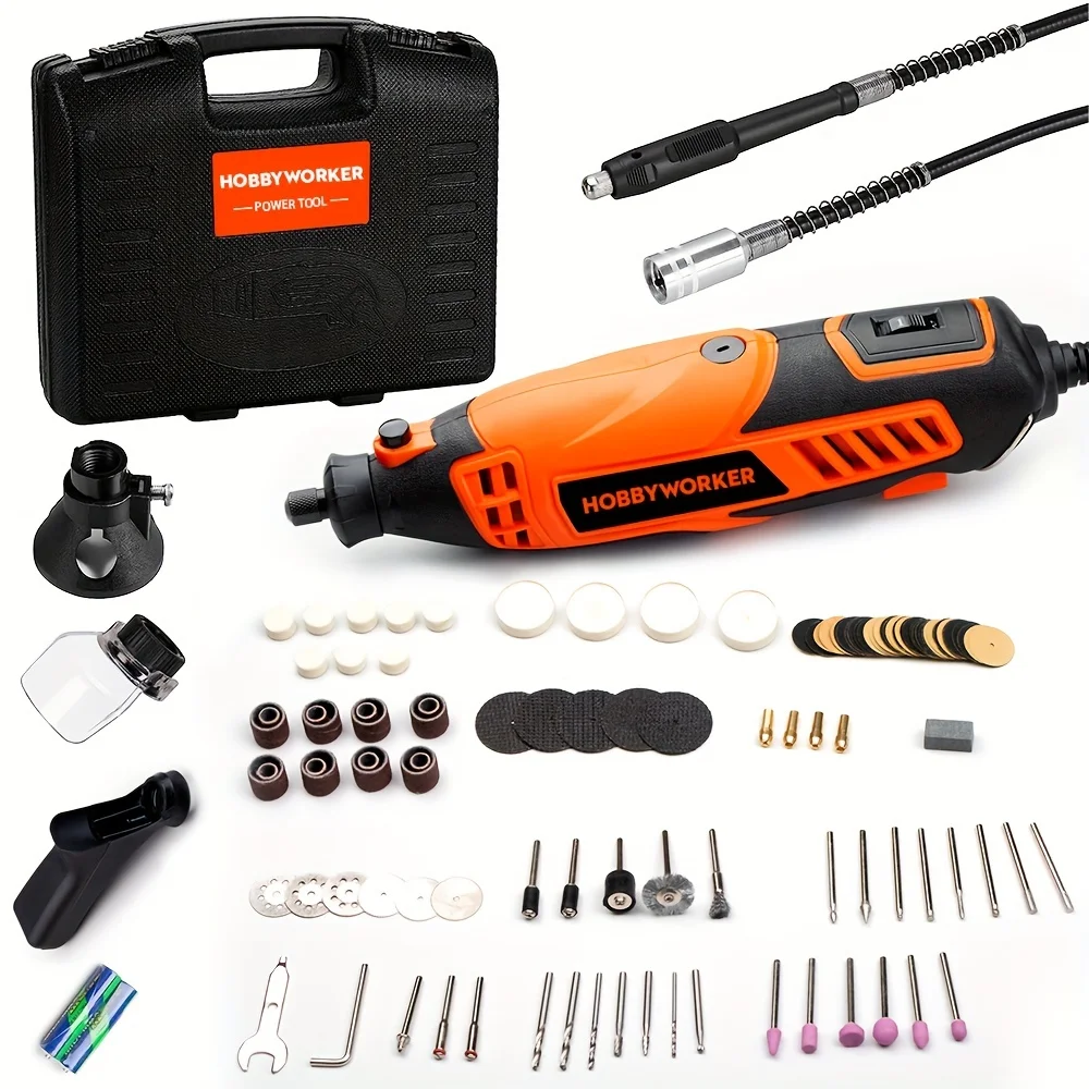 he Hobbyworker Rotary Tool Kit With 129pcs Accessories, 110V 160W Power Rotary Tool with Flexible Shaft &  Accessories