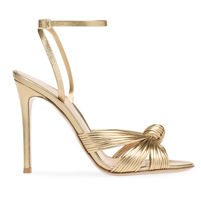 Gold PU Leather Stylish Knot Ankle Strap Elegant High Heels Party Shoe Summer Sandals