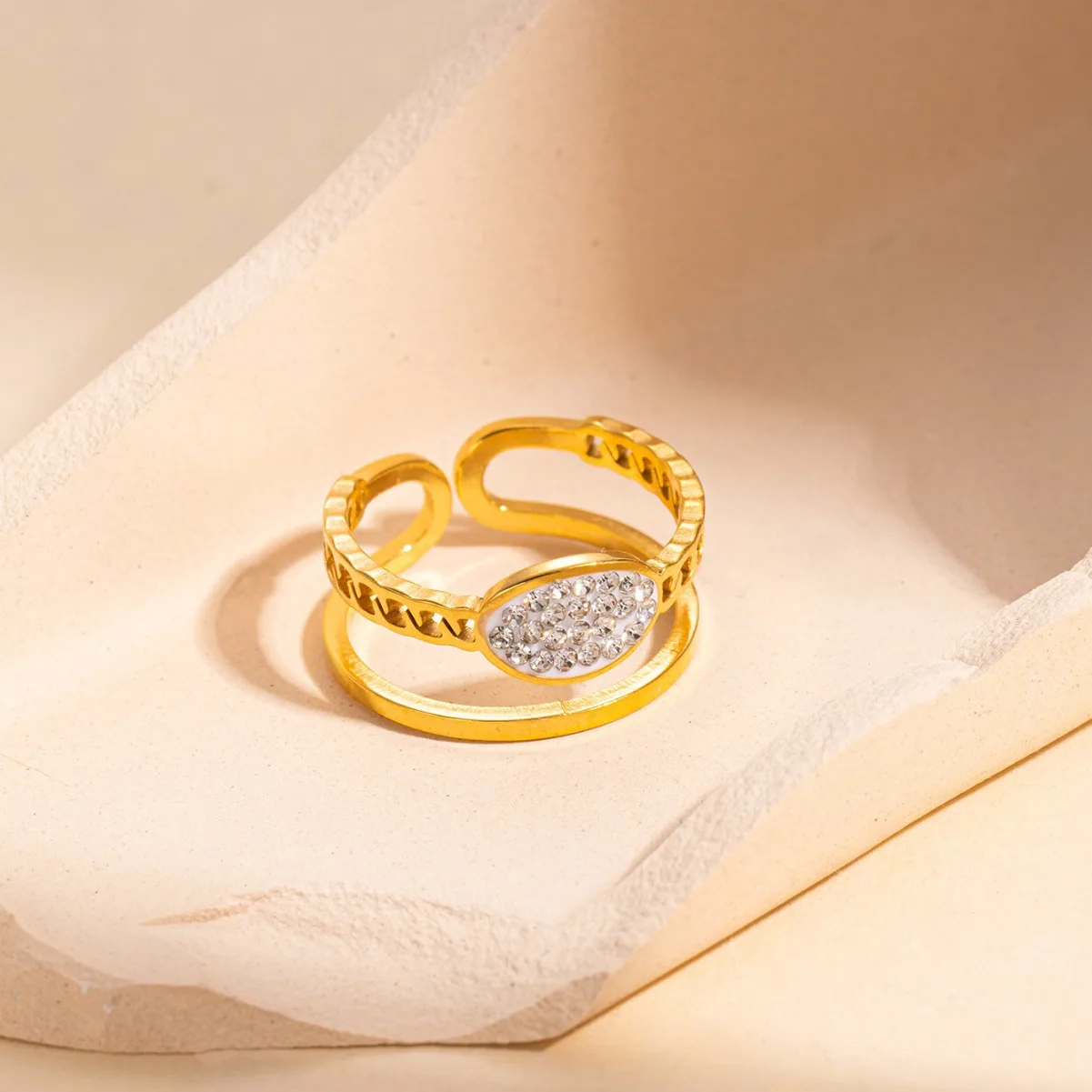 Luxury Stainless Steel Double Layered Lines Inlaid Zircon Open Ring for Women Vintage Niche Jewelry Gifts Wholesale