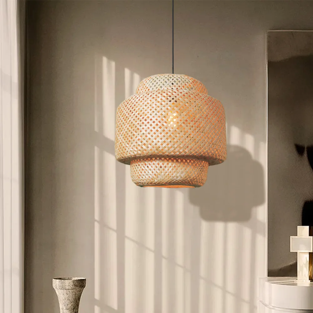 Hand Made Bamboo Lamp for Bedroom E27 Retro Bamboo Wooden Chandelier Rattan String Light