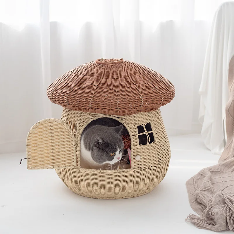 Pet Carrier Pet Bed Rattan Woven Bed Mushroom House Cat Nest Outdoor Home