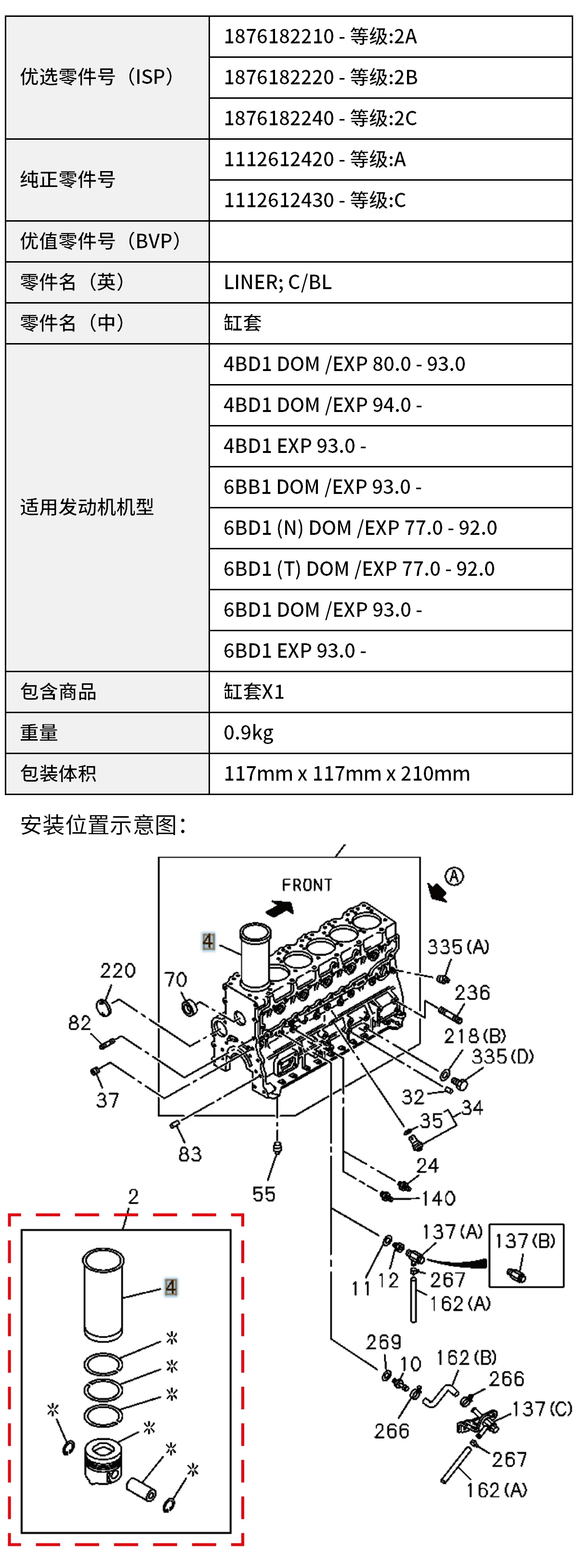 1112612420 1876182210 1876182220 1876182240 Cylinder Liner Excavator Accessories 4BD1 6BD1