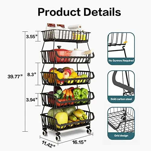 5 Tier Black Metal Wire Storage Baskets Stackable Fruit Vegetable Storage Stand Cart for Kitchen