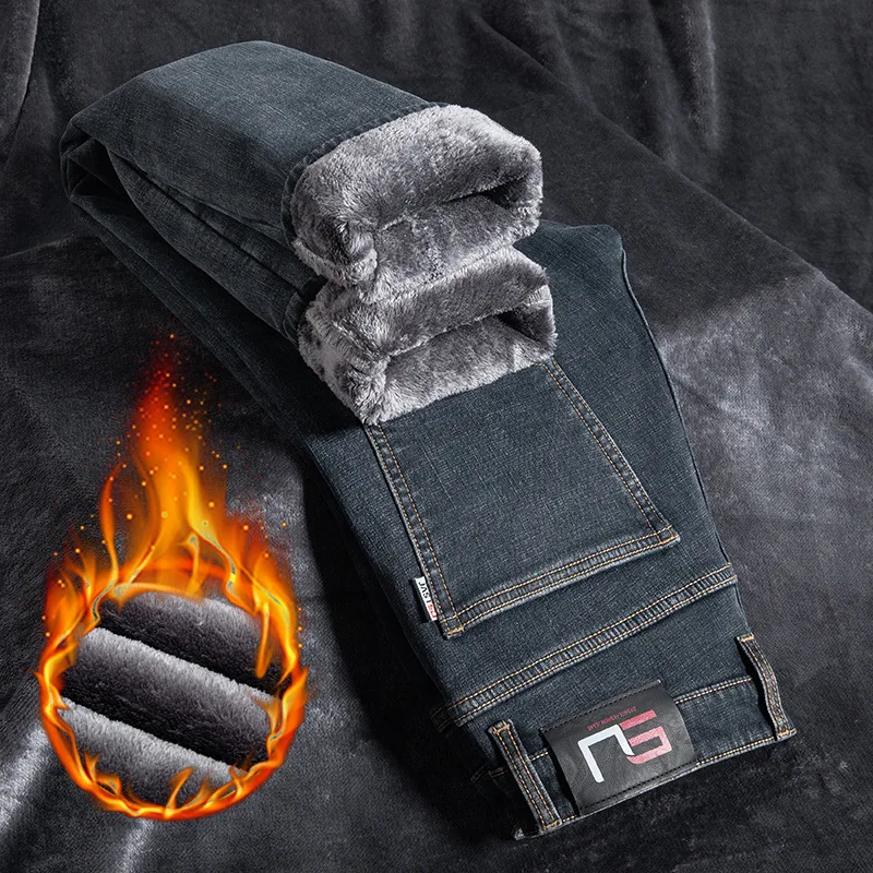 Wholesale High Quality Casual Stretch Straight Winter Thick Fleece Jeans for Men