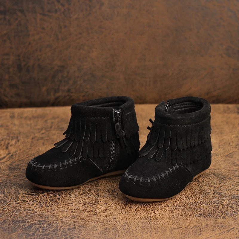 Side Zipper Anti Slippery TPR Hard Sole Kid Shoes Girl Boots Fashion Ankle Real Leather Casual boots  baby tassel leather boots