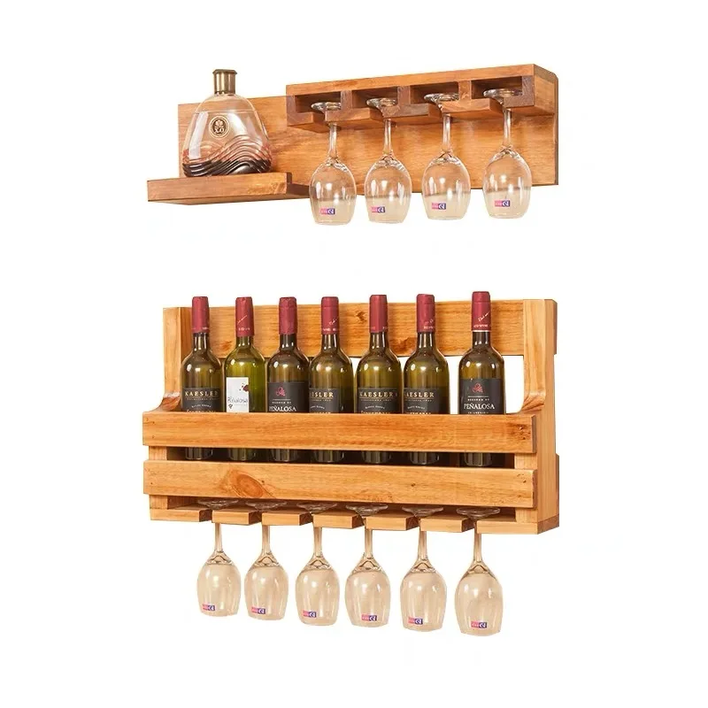 Factory Sale Pine Wood Color Wall-Mounted Wine Shelf Bamboo Bottle Wooden Glass Holder