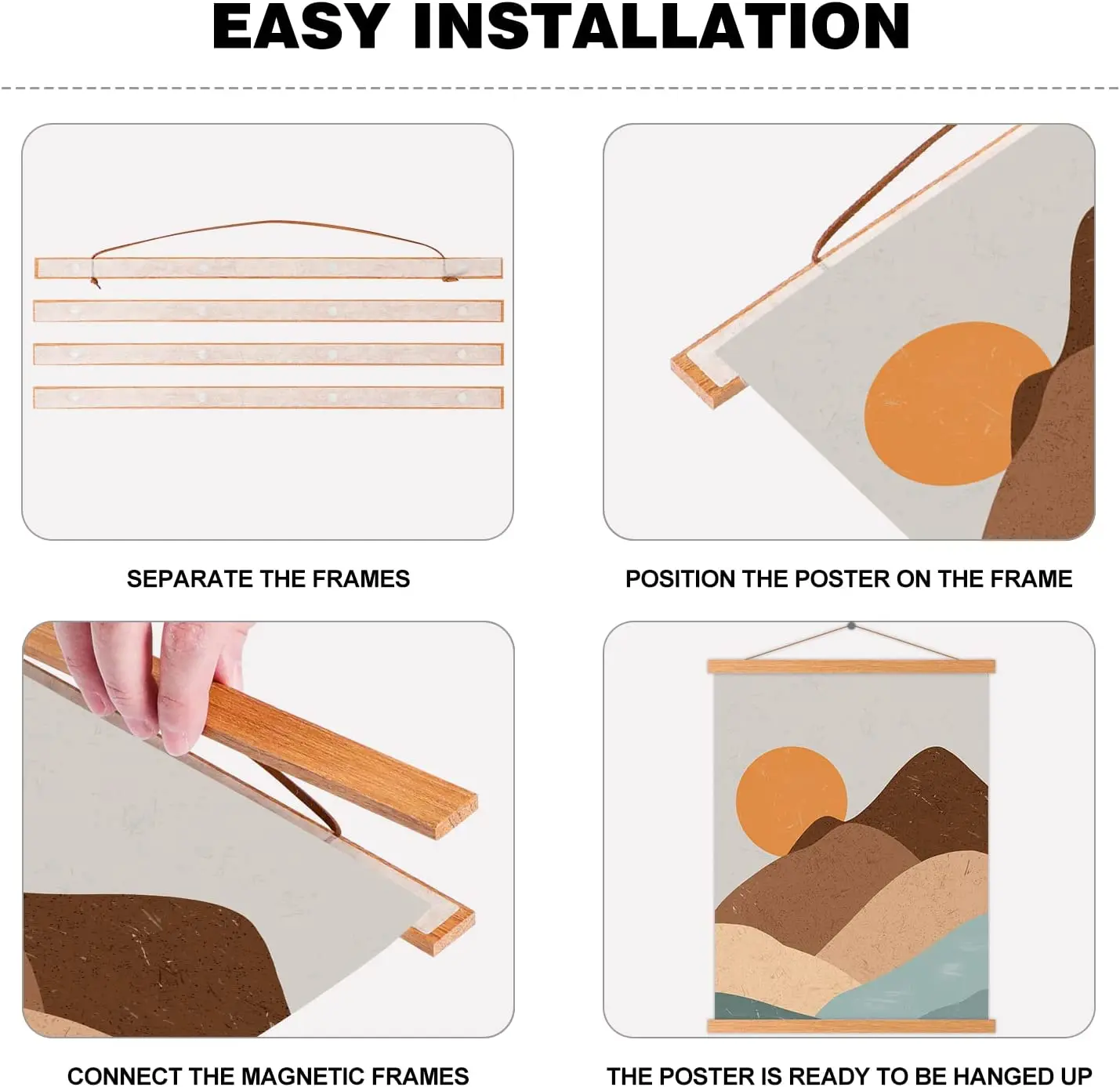 Wooden Magnetic Poster Hanger Frame Light Wood Magnet Canvas Artwork Print Dowel Poster Hangers Frames Hanging Kit Teak Wood