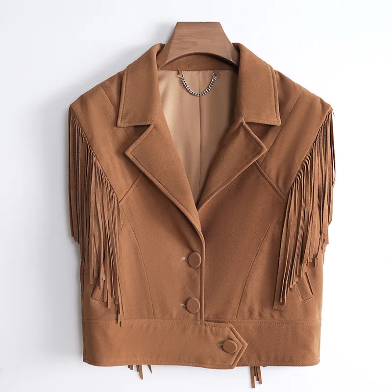 New Design Wholesale Custom Logo Autumn Wholesale Sleeveless Suede Leather Waistcoat Brown Genuine Sheepskin Leather Vest Women