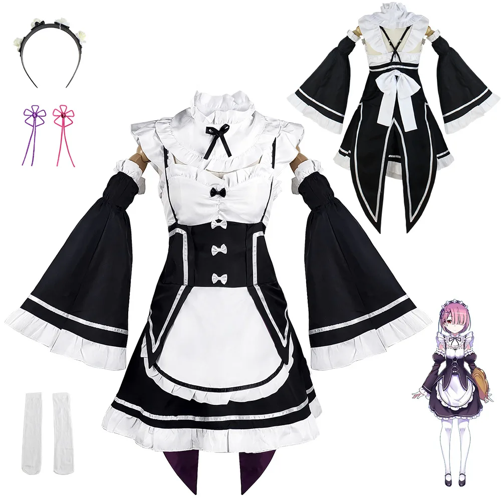 Girls Long Sleeve lolita Dress Anime Clothing Role Play Dress Outfit Maid Uniforms Rem Ram Cosplay Costumes