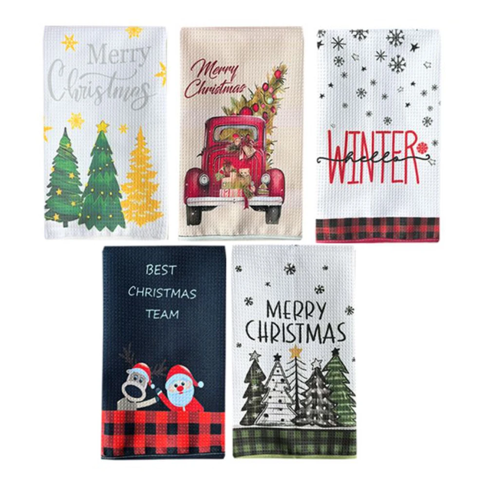 wholesale custom personalised Snowman Christmas Tree Print waffle weave kitchen dish tea towel