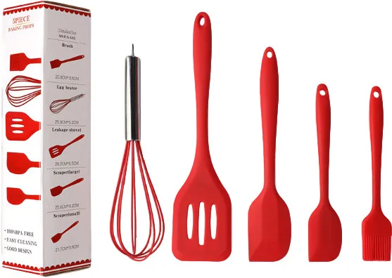 5 pcs/set Silicone Kitchen Baking Utensil Set Non-Stick Rubber Spatula Shovel Scraper Oil Brush