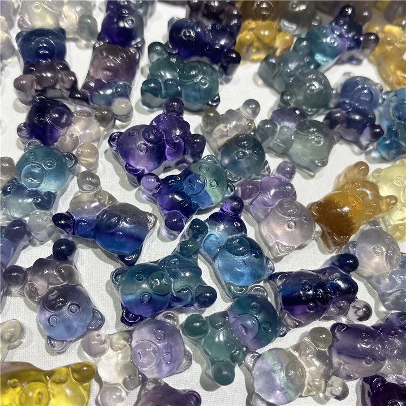 Оптовая продажа, натуральный кристалл, кварцевые ремесла, маленький размер, миниатюрный красочный флюоритовый медведь для украшения