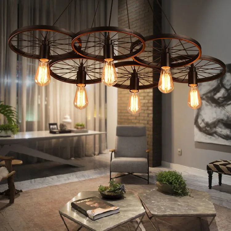 Retro Nostalgic Wheel Style Lamp Iron LED Pendant Light Chandelier Ceiling Luminaire