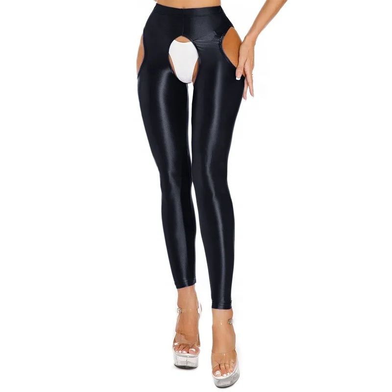 Wholesale Glossy Cutout Leggings High Waist Open Crotch Thigh Stretchy Pants Leggings For women sexy