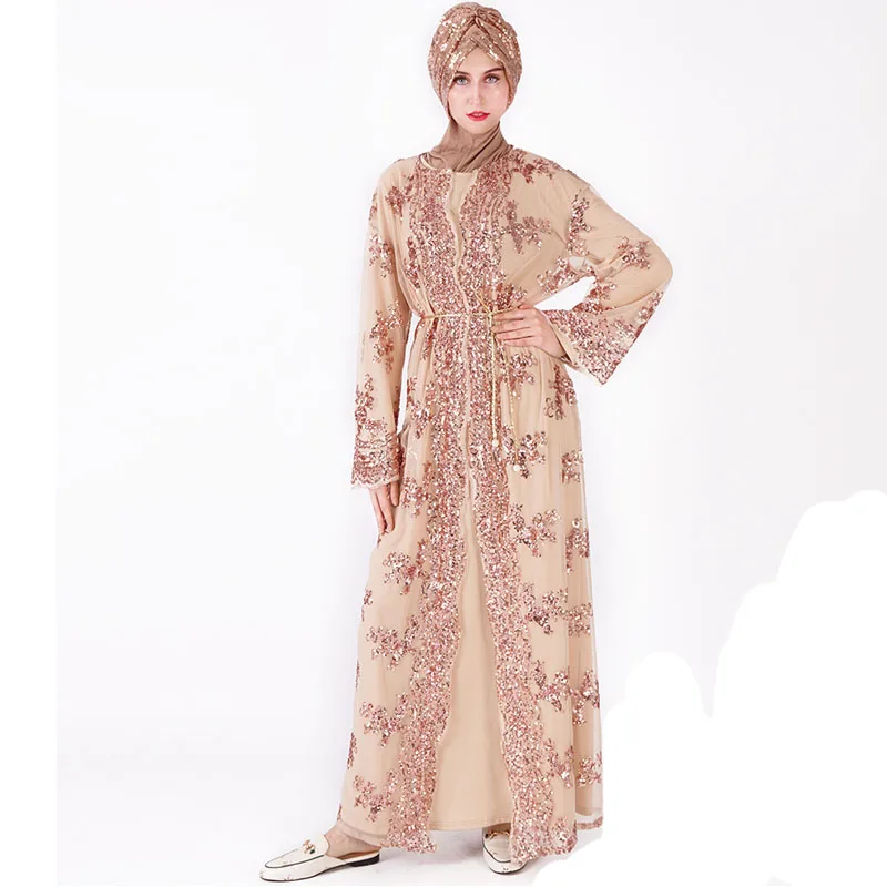 Floral Sequin Abaya Kimono Cardigan Hijab Muslim Dress Turkish Islamic Clothing Abayas For Women Kaftan Robe Islam Caftan XYL212