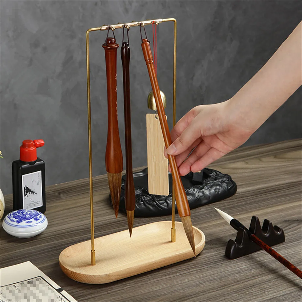 Chinese Calligraphy Brush Pen Holder with 8 Needles Metal and Wooden Base Brass Ink Hanger Desk Organizer