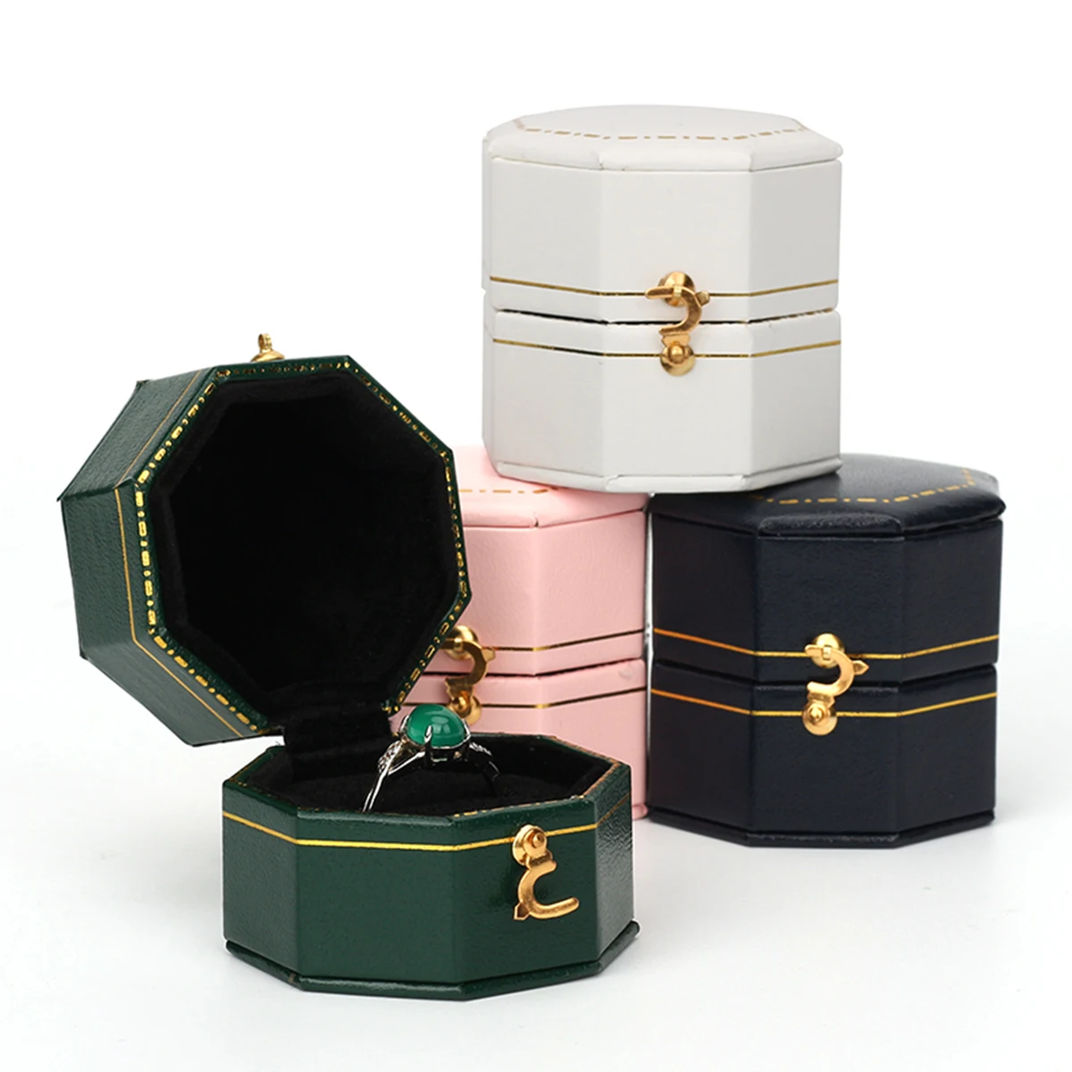 Custom Romantic Sweet Luxury Small PU  Engagement gift packaging JEWELRI BOX Jewelry Box Octagonal  Ring Box Six Colors