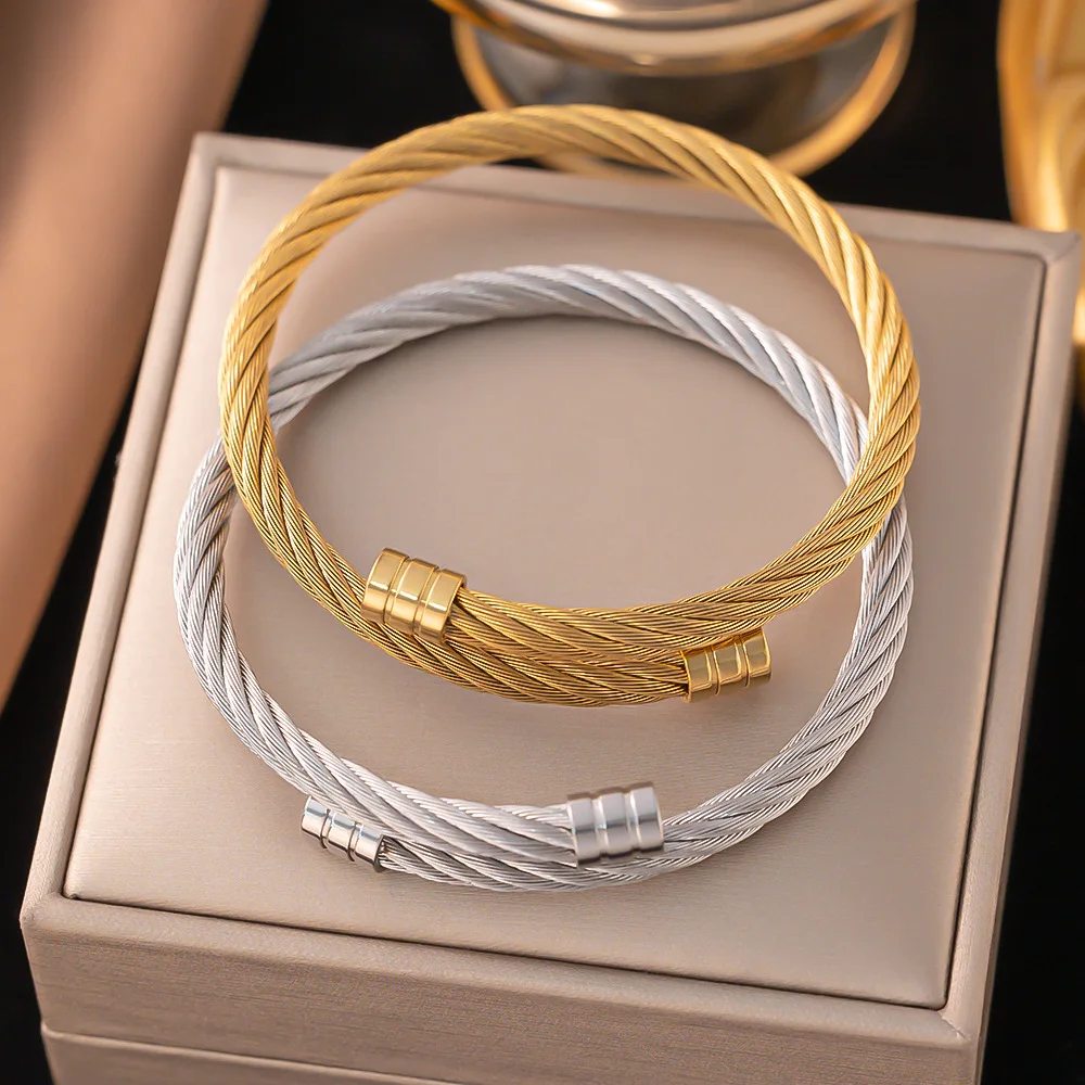 Custom Stainless Steel Cable Wire Bracelet 18K Gold Plated Saudi Italian Cuff Titanium Wedding Bangle for women jewelry
