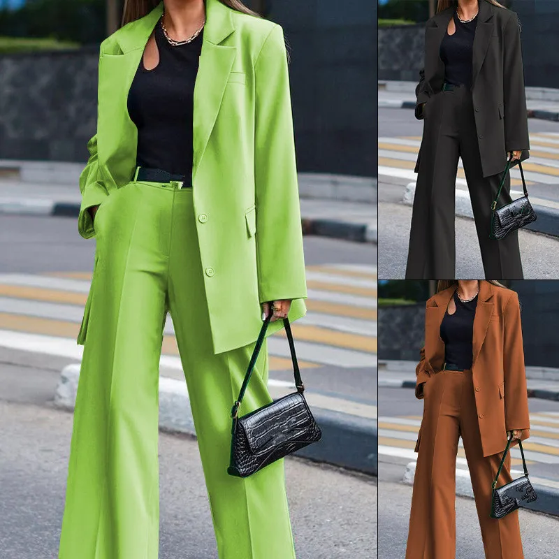 R41869S wholesale fashion plain solid color button up loose designs women blazer with pant sets
