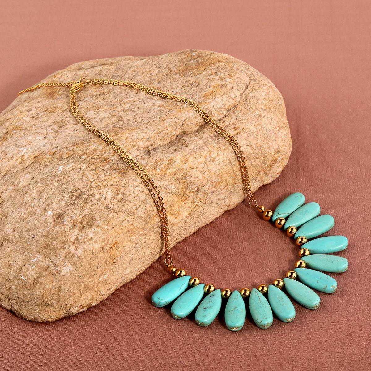 Fashion 18K gold-plated double-layer chain turquoise necklace classic teardrop shape bead pendant bohemian statement necklaces