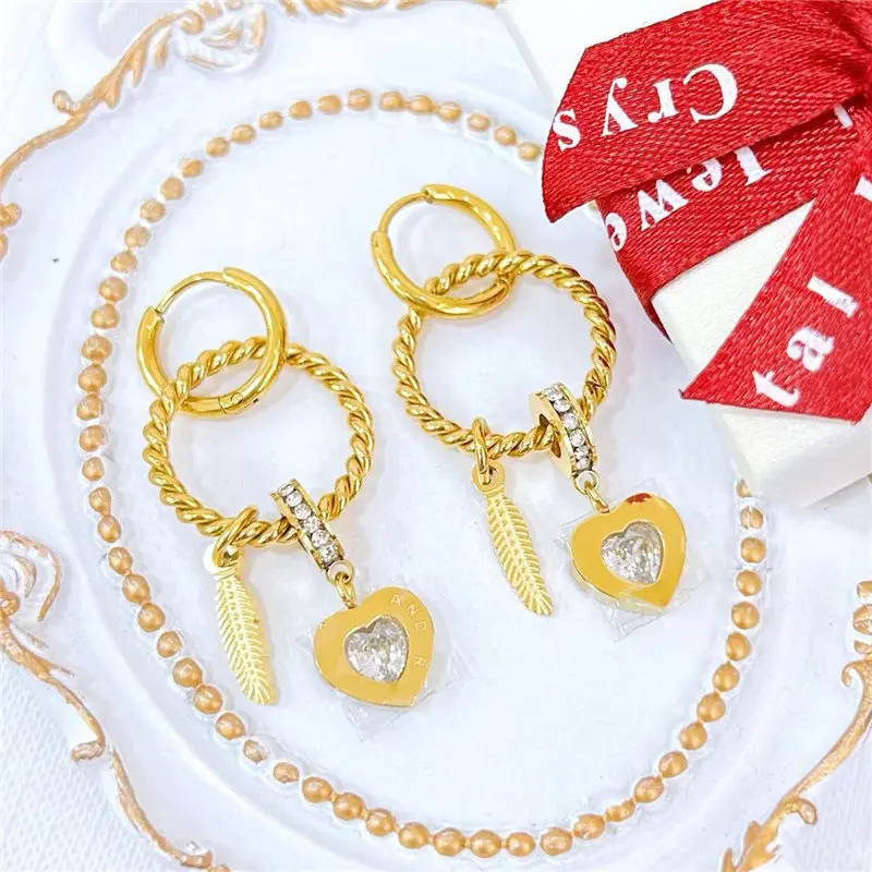 Charm Stainless Steel set Threaded Ring shiny Heart feather Pendant earrings necklace set