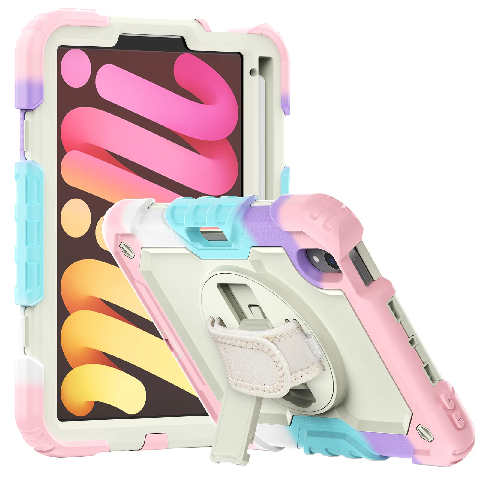 For iPad Mini 6 Case 2021 with Screen Protector Pencil Holder [360 Rotating Hand Strap] &Stand,  Drop-Proof Case for iPad Mini 6