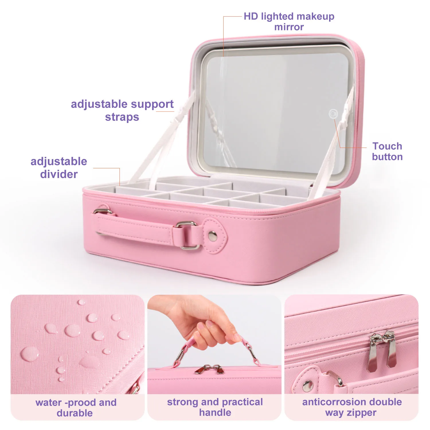 Custom Portable Travel LED Light Makeup Bag Cosmetic Mirror Beauty Case Waterproof Make Up Bag Mirror