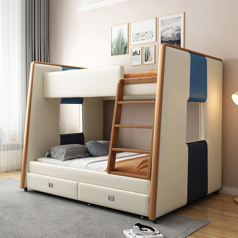 Cheap all solid wood kids and children bunk bed with bookshelf twin bunk beds for kids